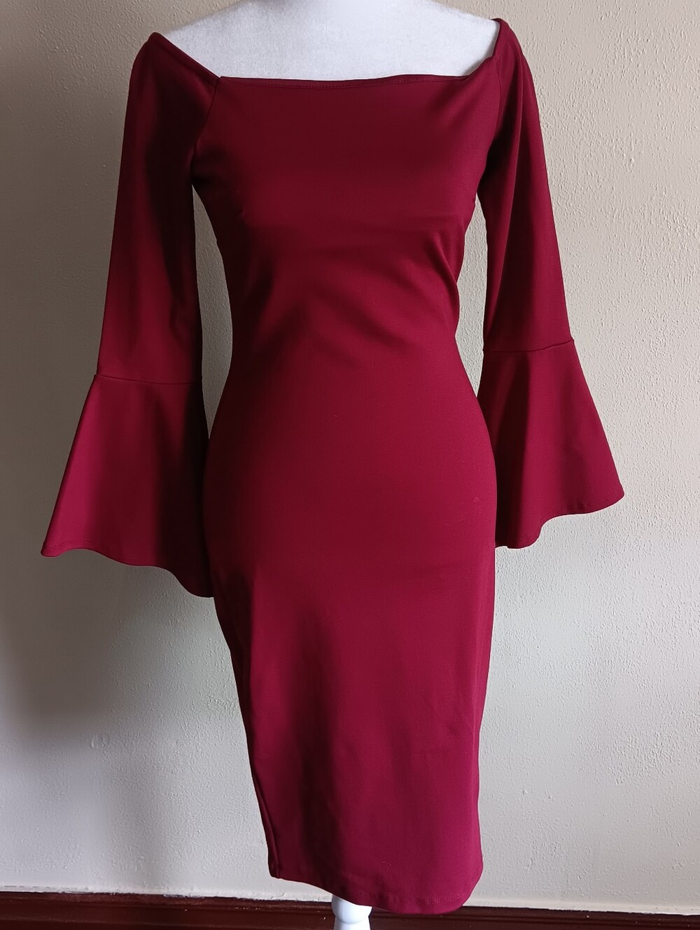 Vampy Off Shoulder Flare Bell Sleeve Midi Pencil Dress Burgundy Bodycon, Small?